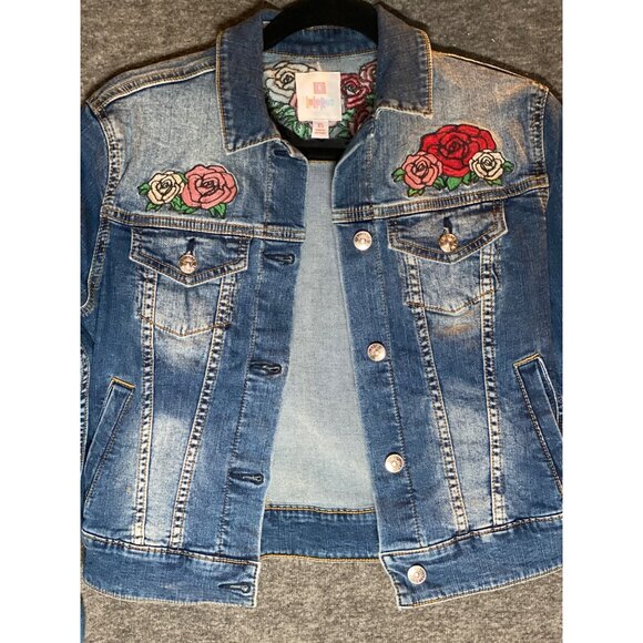 LulaRoe Harvey Blue Stonewashed Denim Jean Jacket Size XS Embroidery Rose - Picture 2 of 11